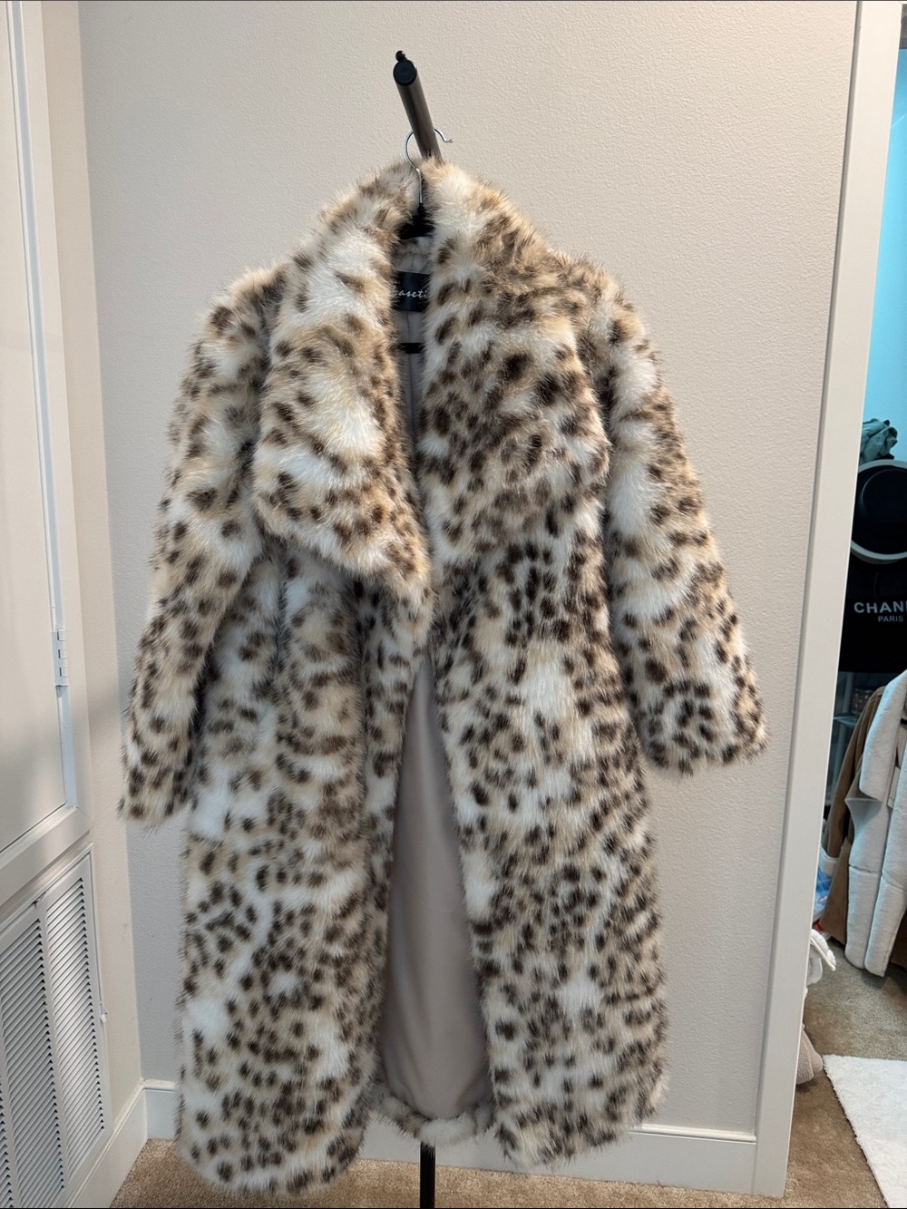 Faux Leopard-Print Long Trench Coat - Cream & Brown